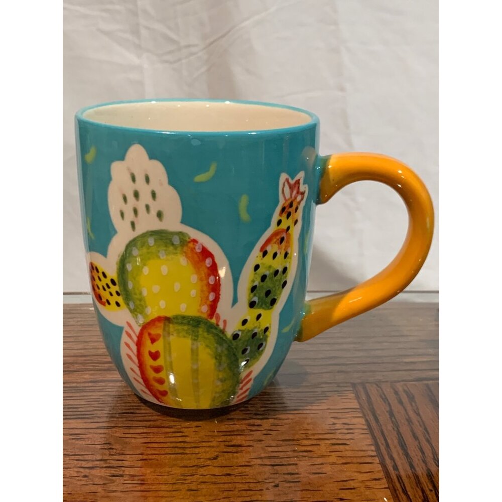 Hand-Painted Cactus Design Ceramic Mug With Yellow Handle 12 Oz